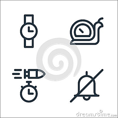 Speedometer and time line icons. linear set. quality vector line set such as no alarm, bullet time, slow Vector Illustration