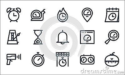Speedometer and time line icons. linear set. quality vector line set such as kitchen timer, finish line, speed radar, clock, Vector Illustration