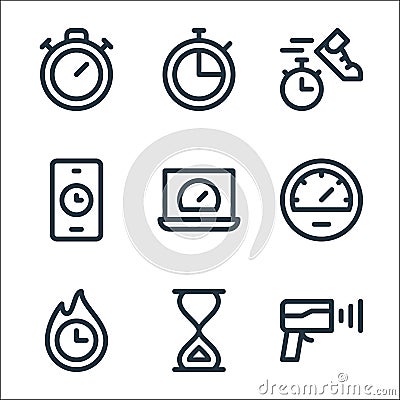 Speedometer and time line icons. linear set. quality vector line set such as speed radar, sand clock, deadline, speedometer, Vector Illustration
