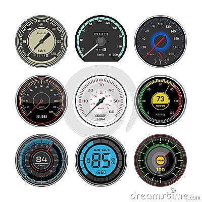 Speedometer vector car speed dashboard panel and speed-up power measurement illustration set of speed-limit control Vector Illustration