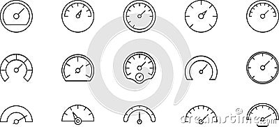 Speedometer vector thin line icons set. Dashboard, indicator, gauge, scale, tachometer icon isolated. Car speed. Fast internet Vector Illustration