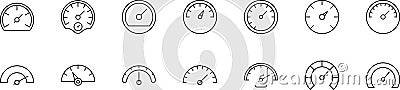 Speedometer vector thin line icons set. Dashboard, indicator, gauge, scale, tachometer icon isolated. Car speed. Fast internet Vector Illustration
