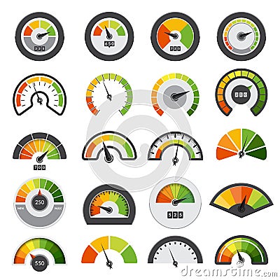 Speedometers collection. Symbols of speed score measuring tachometer level indices vector collection Vector Illustration