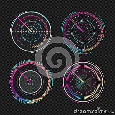 Speedometers for dashboard. Measuring speed analog indicator device. Set of isolated futuristic speedometer, technology gauge. Vector Illustration