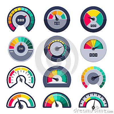 Speedometers symbols. Indicate level score meter indices measure vector templates Vector Illustration