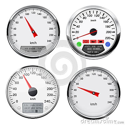 Speedometers and tachometers. Car dashboard gauges with chrome frame Vector Illustration