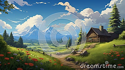 Speedpainting Of A Cartoony Mountain Valley With Wooden House And Flowers Cartoon Illustration