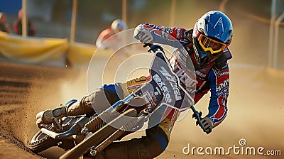 Speedway driver on his speedway motorcycle, racing at full speed on a speedway track. Stock Photo