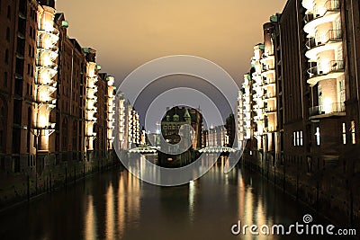 Speicherstadt Hamburg at night Stock Photo