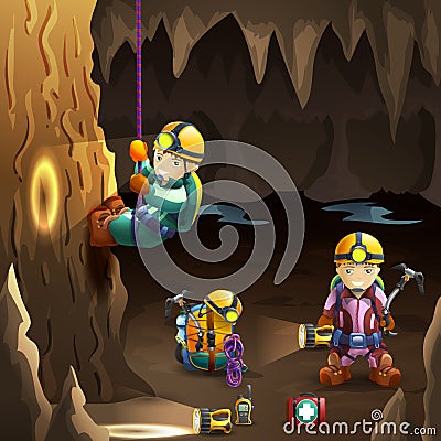 Speleologists in cave 3d background poster Vector Illustration