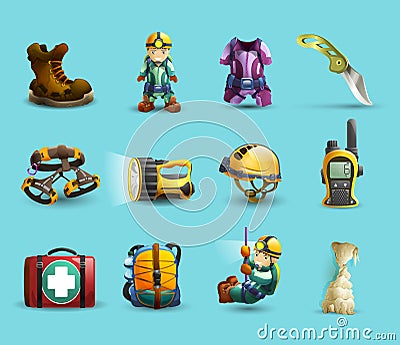 Speleology 3d icons set Vector Illustration