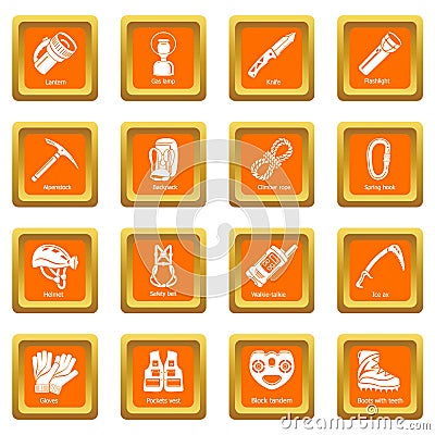 Speleology equipment icons set orange square vector Vector Illustration