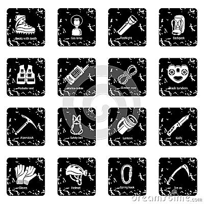 Speleology equipment icons set grunge vector Vector Illustration