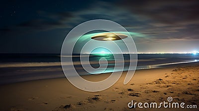 a disk-shaped alien spacecraft lands on the ocean coast, above the water surface. Stock Photo