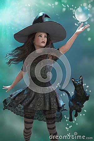 Spellcasting Witch with her Black Cat Stock Photo