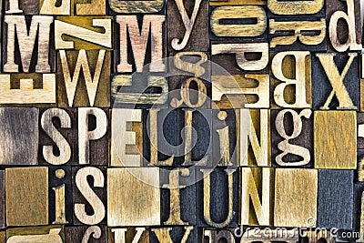 Spelling fun wood letterpress English letters words Stock Photo