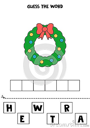 Spelling game for kids. Cartoon Christmas wreath. Vector Illustration