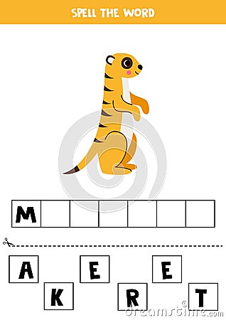 Spelling game for preschool kids. Cute cartoon meerkat. Vector Illustration