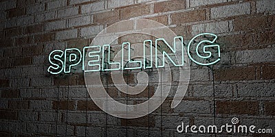 SPELLING - Glowing Neon Sign on stonework wall - 3D rendered royalty free stock illustration Cartoon Illustration