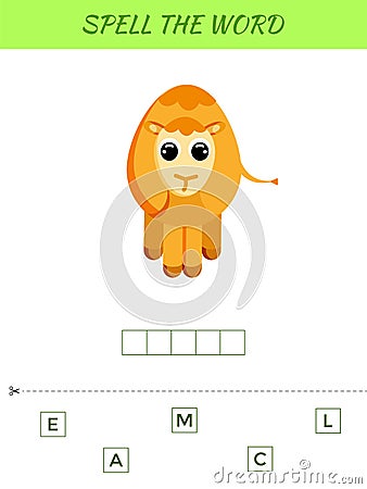 Spelling word scramble game template. Educational activity for preschool years kids and toddlers with cute camel. Flat vector Vector Illustration