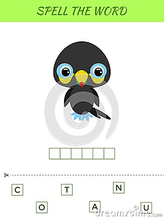 Spelling word scramble game template. Educational activity for preschool years kids and toddlers with cute toucan. Flat vector Cartoon Illustration