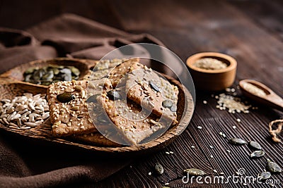 Spelt flour crackers with pumpkin, sunflower, sesame, flax and hemp seeds Stock Photo