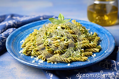 spelt pasta shape coated with pesto spotlighted on a blue plate Stock Photo