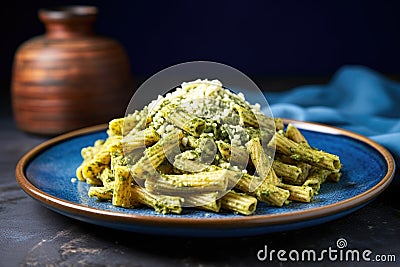 spelt pasta shape coated with pesto spotlighted on a blue plate Stock Photo