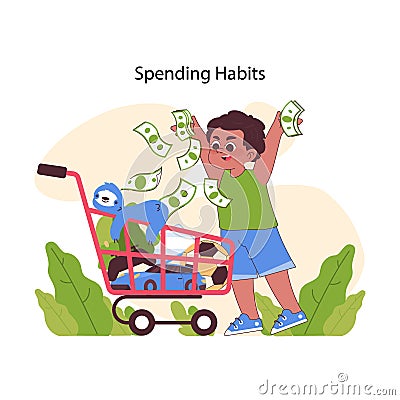 Spending habits concept. Excited boy joyfully spends pocket money Vector Illustration