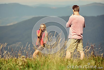 Spending nice time. romantic date. Valentines day. sense of freedom. Traveling couple make photo. man and woman in Stock Photo