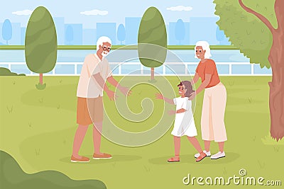 Spending time with grandkids at park flat color vector illustration Cartoon Illustration