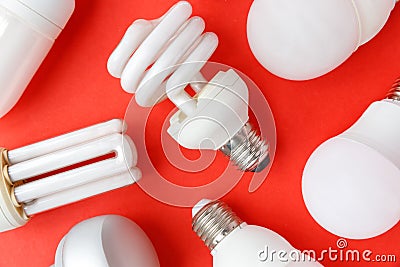 Spent incandescent halogen, cfi fluorescent, led, lumens light, energy saving bulbs Stock Photo