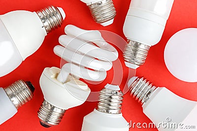 Spent incandescent halogen, cfi fluorescent, led, lumens light, energy saving bulbs tube Stock Photo