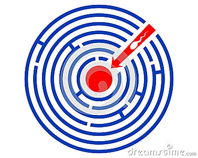 The sperm cell penetrates the center of the labyrinth. Abstract concept of conception and fertilization by sperm of an egg. Vector Illustration