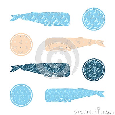 Sperm Whale / Cachalot Filled Ocean Pattern On White Background. Vector Illustration