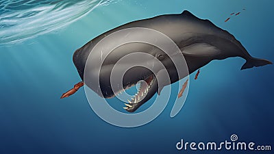 Sperm whale swims under the water catches squid on a background of blue ocean. Cartoon Illustration