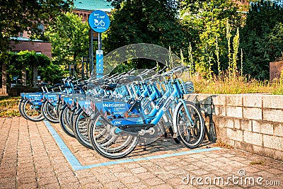 Speyer, Germany: Rental bicycles station for regional tourism. Rent a bike via app Editorial Stock Photo