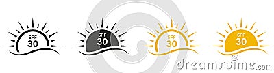 SPF 30 Sunblock Lotion Labels. Block Solar Radiation, Anti Ultraviolet Rays Symbol Collection. Sunscreen Protect Icons Vector Illustration