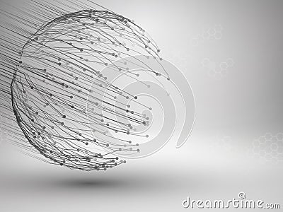 Sphere with connected lines and dots. Wireframe mesh motion element. Connection concept. Technology background. Vector Illustration