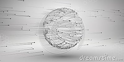 Sphere with connected lines and dots. Wireframe mesh motion element. Connection concept. Technology background. Vector Illustration