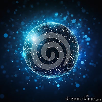 A sphere connected to dots and lines in the background of a mult Stock Photo