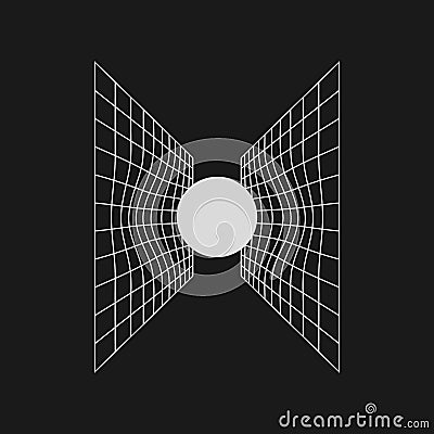 The sphere distorts space. Retrofuturistic design element. Gravity concept. Distorted perspective grids with the sphere Vector Illustration