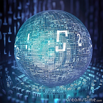 Sphere in a Futuristic Digital Base. Futuristic Digital Technology and Computer Concepts. Digital Blue Data System Nodes, Blue Stock Photo