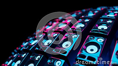 Sphere made of loudspeakers with colorful neon lights. Digital 3D render Stock Photo