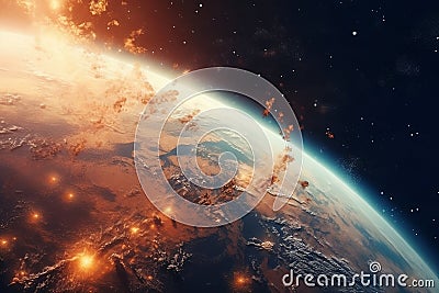 Sphere of nightly Earth planet in outer space. City lights on planet Stock Photo