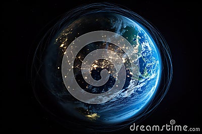 Sphere of nightly Earth planet in outer space. City lights on planet. Generative Ai. Stock Photo