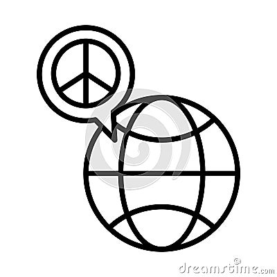 Sphere planet with peace symbol in speech bubble line style icon Vector Illustration