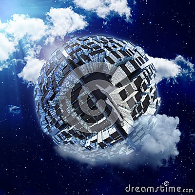 Spherical city world in clouds Stock Photo