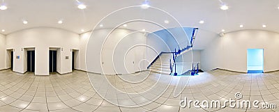 Spherical 360 degrees panorama projection, in interior empty long corridor with doors and entrances to different rooms and lift. Stock Photo