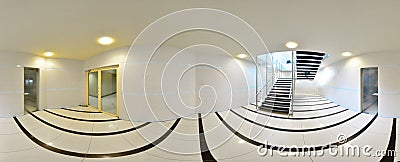 Spherical 360 degrees panorama projection, in interior empty long corridor with doors and entrances to different rooms and lift. Stock Photo